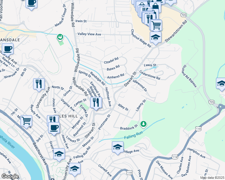 map of restaurants, bars, coffee shops, grocery stores, and more near 766 Meadowbrook Road in Morgantown