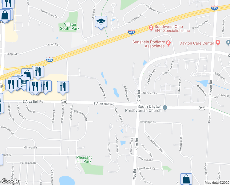 map of restaurants, bars, coffee shops, grocery stores, and more near 908 Great View Circle in Dayton