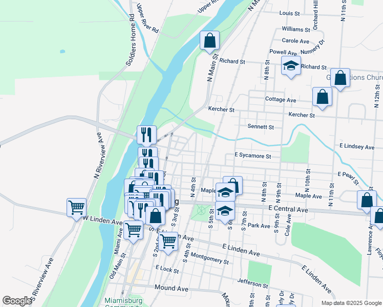 map of restaurants, bars, coffee shops, grocery stores, and more near 317 East Sycamore Street in Franklin