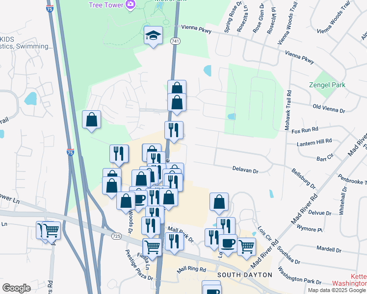 map of restaurants, bars, coffee shops, grocery stores, and more near 7300 North Springboro Pike in Dayton