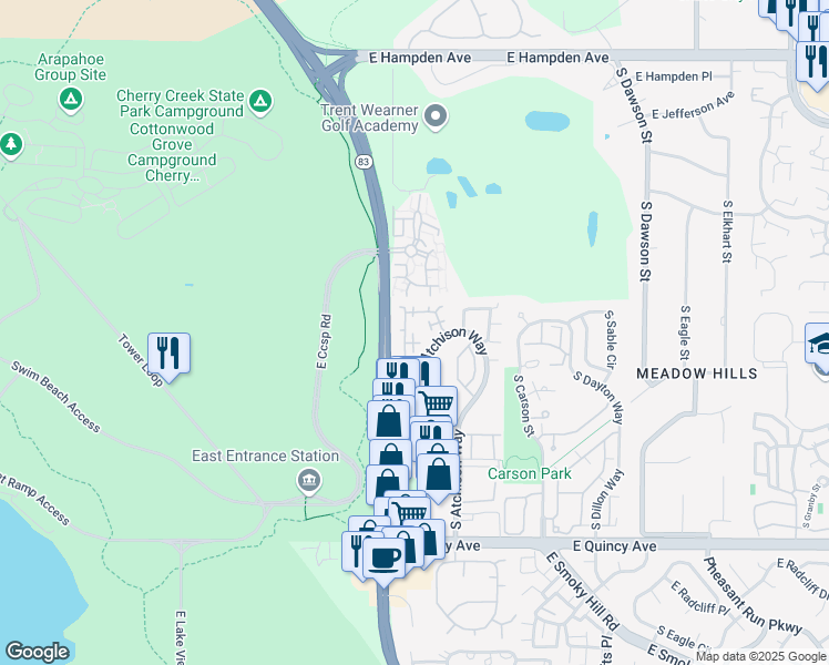 map of restaurants, bars, coffee shops, grocery stores, and more near 3850a South Atchison Way in Aurora