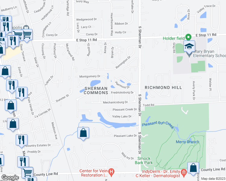 map of restaurants, bars, coffee shops, grocery stores, and more near 3528 Fredricksburg Drive in Indianapolis