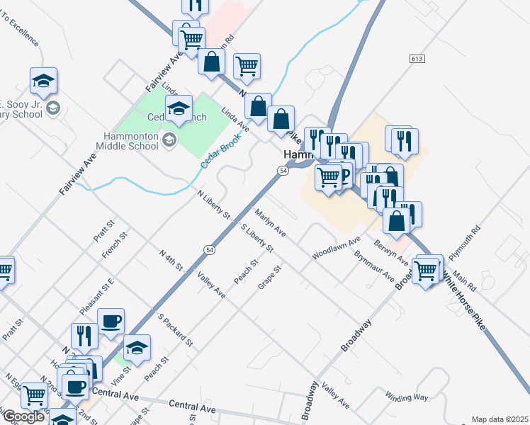map of restaurants, bars, coffee shops, grocery stores, and more near 17 Marlyn Avenue in Hammonton