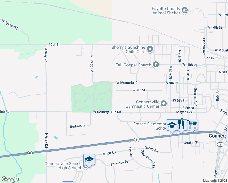 map of restaurants, bars, coffee shops, grocery stores, and more near in Connersville