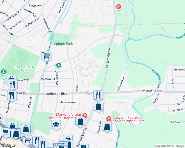 map of restaurants, bars, coffee shops, grocery stores, and more near 179 Sunbrook Lane in Hagerstown