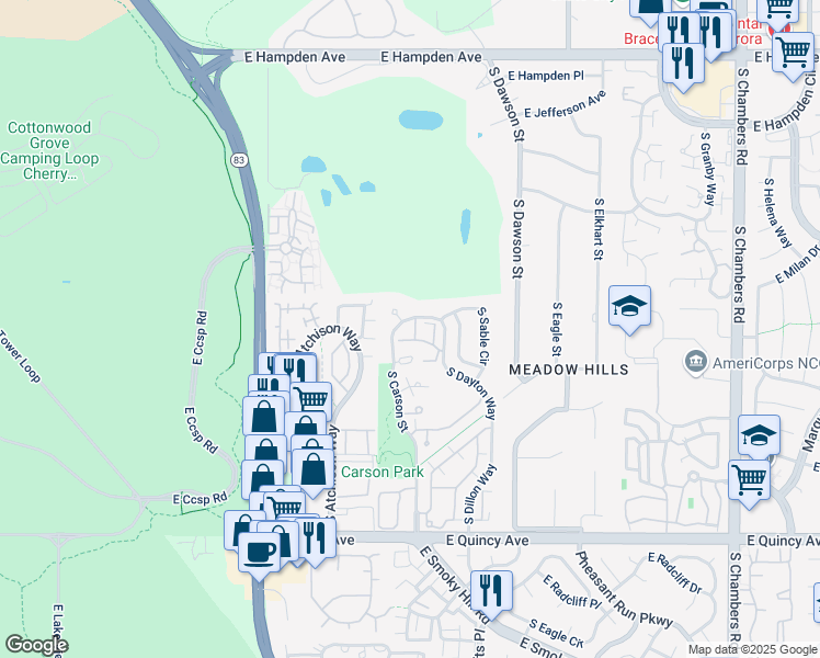 map of restaurants, bars, coffee shops, grocery stores, and more near 3952 South Carson Street in Aurora