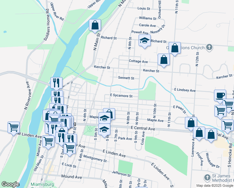 map of restaurants, bars, coffee shops, grocery stores, and more near 705 East Sycamore Street in Miamisburg