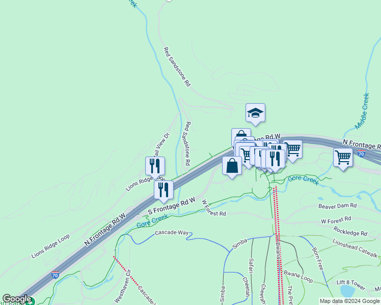 map of restaurants, bars, coffee shops, grocery stores, and more near 896 Red Sandstone Circle in Vail