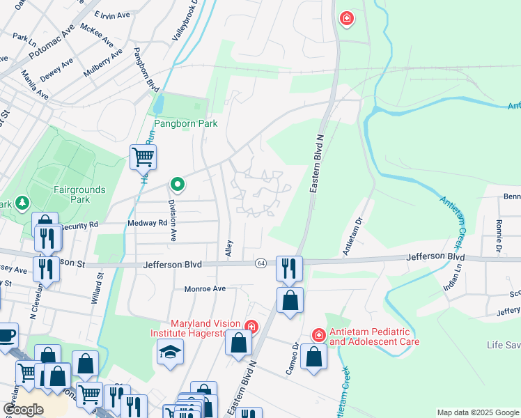 map of restaurants, bars, coffee shops, grocery stores, and more near 160 Sunbrook Lane in Hagerstown