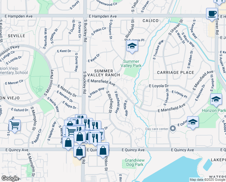 map of restaurants, bars, coffee shops, grocery stores, and more near 3945 S Richfield Way in Aurora