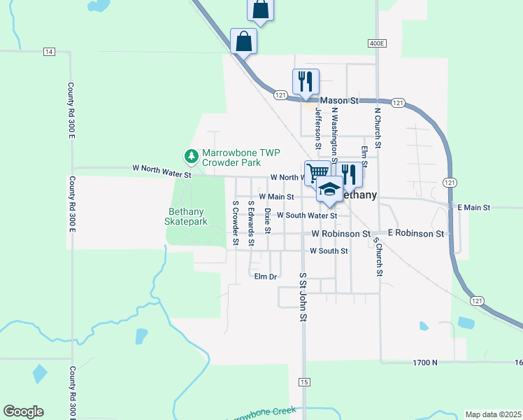 map of restaurants, bars, coffee shops, grocery stores, and more near Edwards St in Bethany
