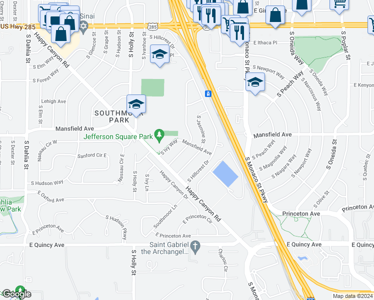 map of restaurants, bars, coffee shops, grocery stores, and more near 3926 South Jersey Street in Denver