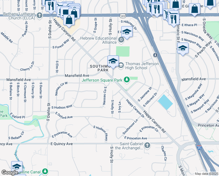 map of restaurants, bars, coffee shops, grocery stores, and more near 3981 South Holly Way in Englewood