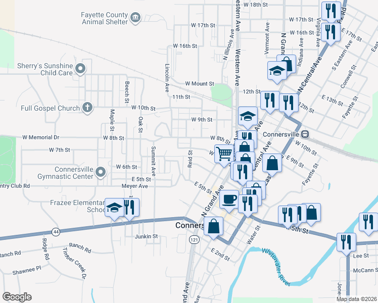 map of restaurants, bars, coffee shops, grocery stores, and more near 627 Reid Street in Connersville