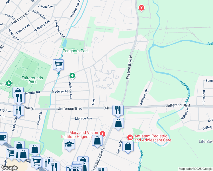 map of restaurants, bars, coffee shops, grocery stores, and more near 160 Sunbrook Lane in Hagerstown