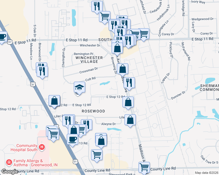 map of restaurants, bars, coffee shops, grocery stores, and more near 2100 East Stop 12 Road in Indianapolis