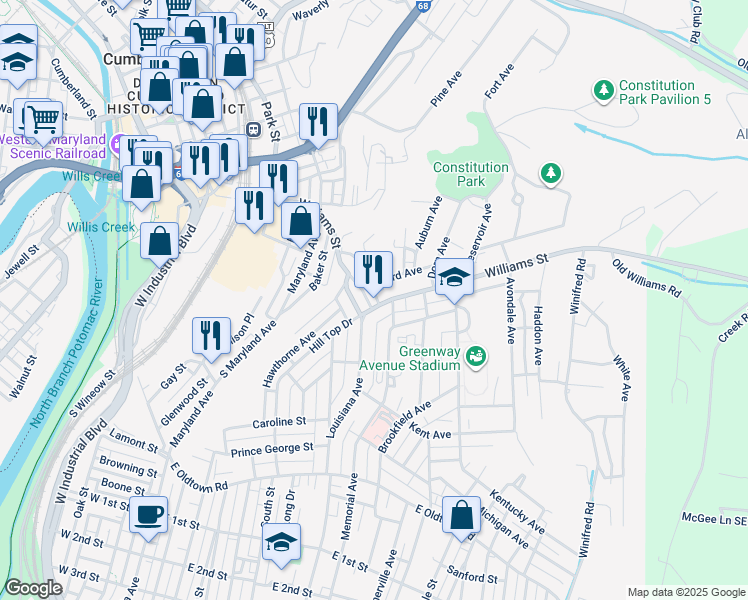 map of restaurants, bars, coffee shops, grocery stores, and more near 432 Williams Street in Cumberland