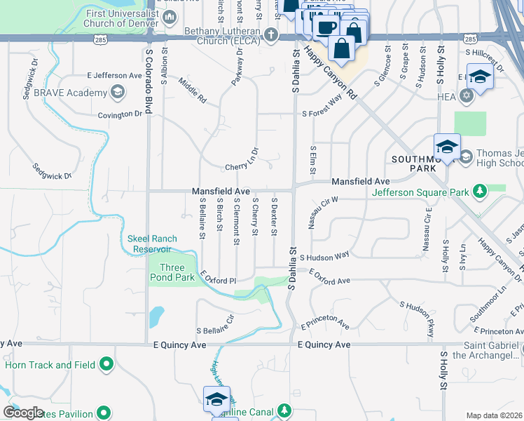 map of restaurants, bars, coffee shops, grocery stores, and more near 3940 South Cherry Street in Englewood