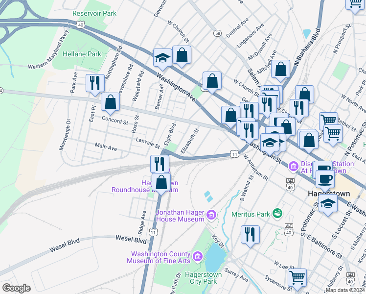 map of restaurants, bars, coffee shops, grocery stores, and more near 63 Elizabeth Street in Hagerstown