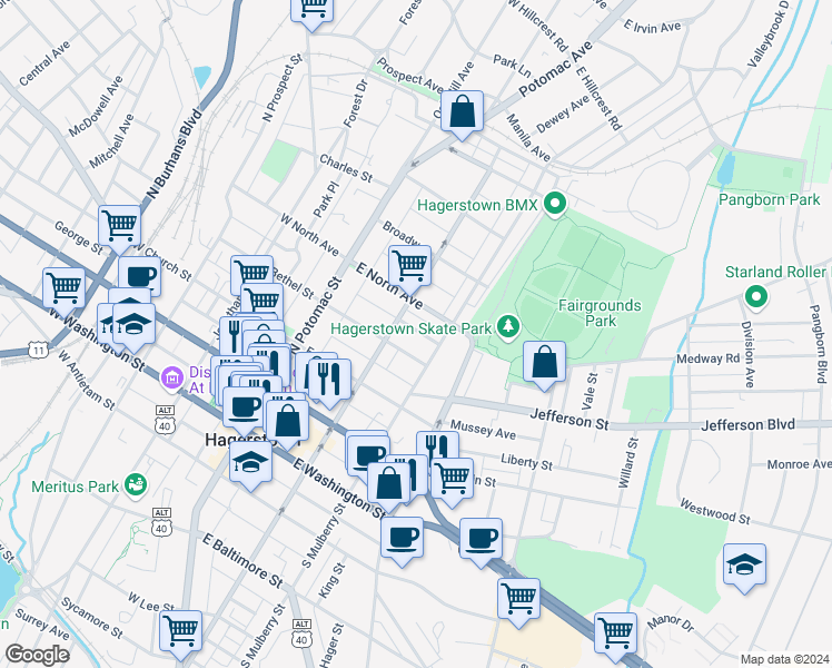 map of restaurants, bars, coffee shops, grocery stores, and more near 121 1/2 John Street in Hagerstown