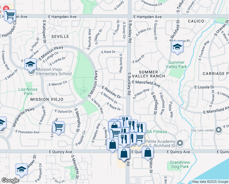 map of restaurants, bars, coffee shops, grocery stores, and more near 16808 East Mercer Drive in Aurora