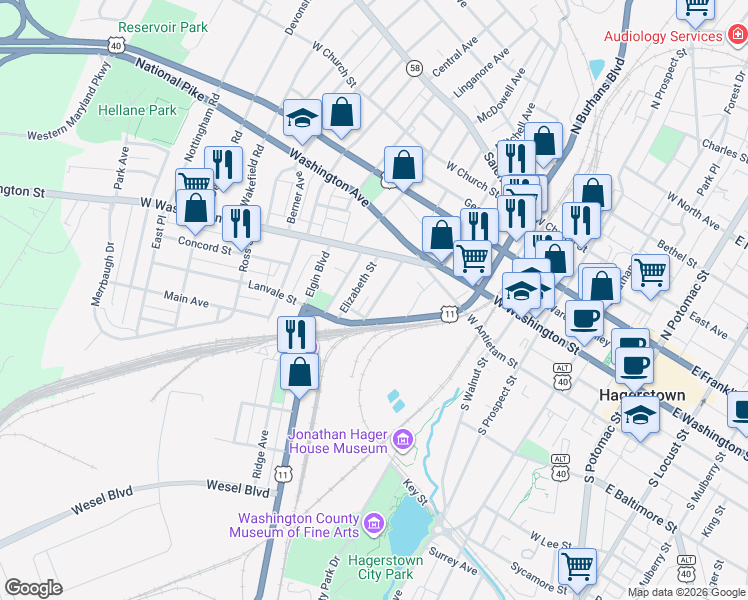 map of restaurants, bars, coffee shops, grocery stores, and more near 57 Madison Avenue in Hagerstown