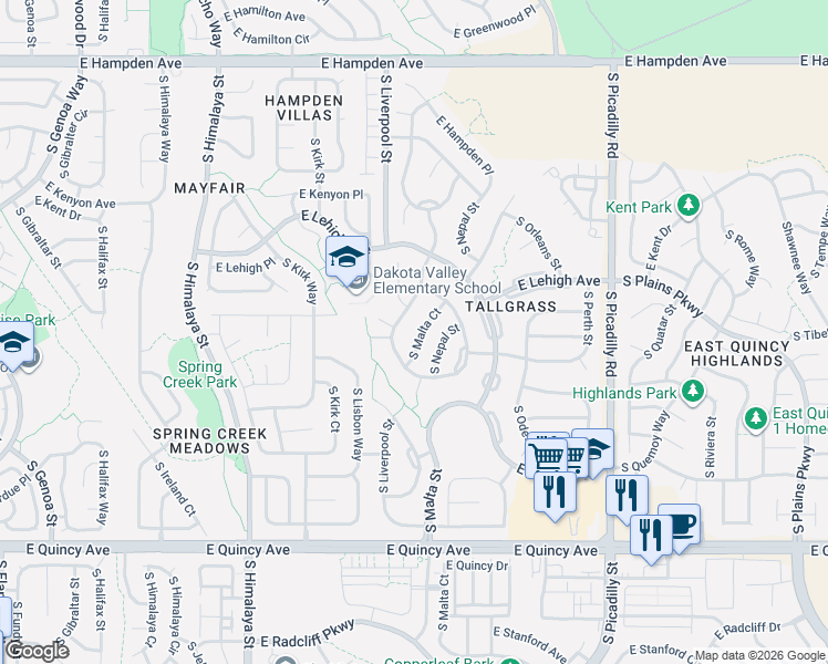 map of restaurants, bars, coffee shops, grocery stores, and more near 3967 South Malta Court in Aurora