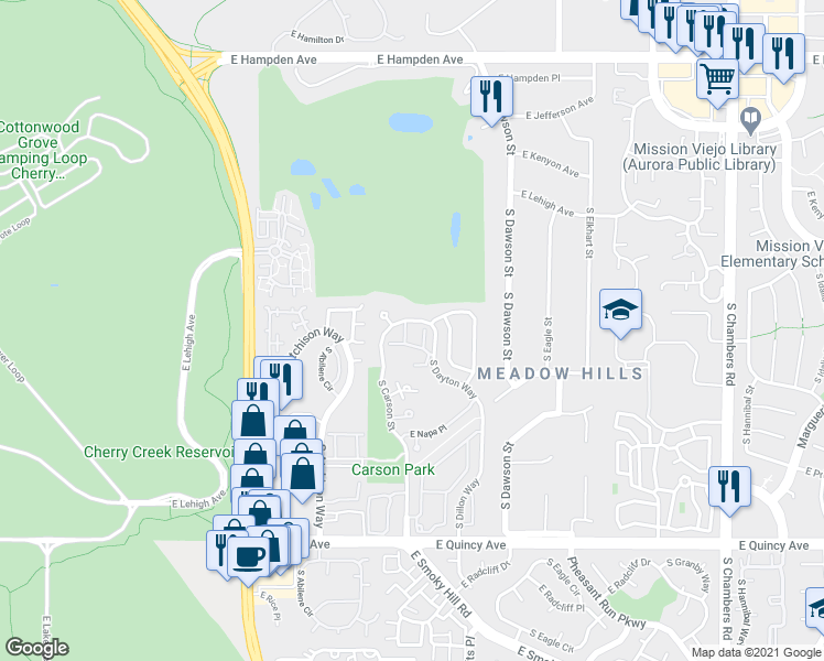map of restaurants, bars, coffee shops, grocery stores, and more near 3952 South Carson Street in Aurora