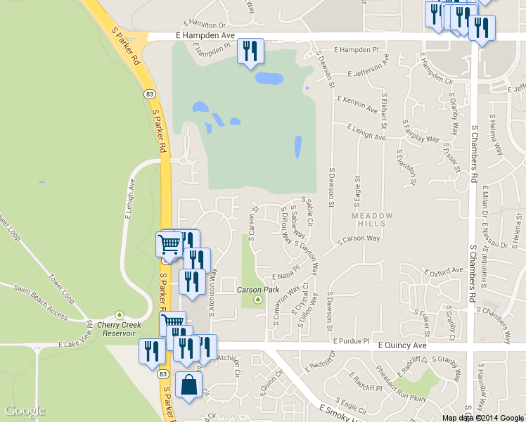 map of restaurants, bars, coffee shops, grocery stores, and more near 3952 South Carson Street in Aurora