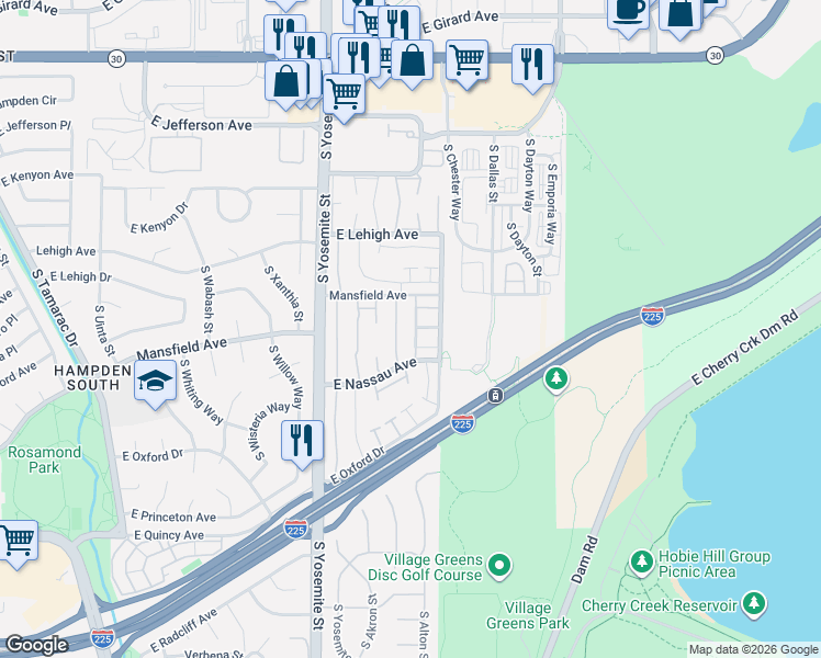 map of restaurants, bars, coffee shops, grocery stores, and more near 9266 Mansfield Avenue in Denver