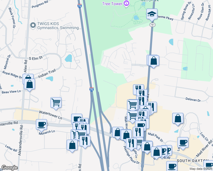 map of restaurants, bars, coffee shops, grocery stores, and more near 3785 Summit Glen Drive in Dayton