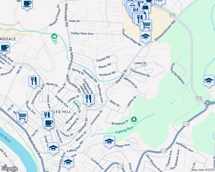 map of restaurants, bars, coffee shops, grocery stores, and more near 766 Meadowbrook Road in Morgantown