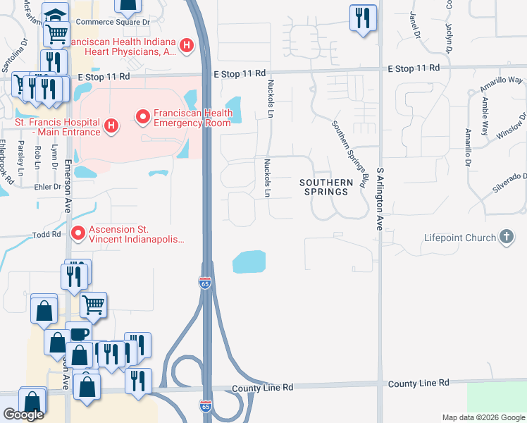 map of restaurants, bars, coffee shops, grocery stores, and more near 8424 Nuckols Lane in Indianapolis