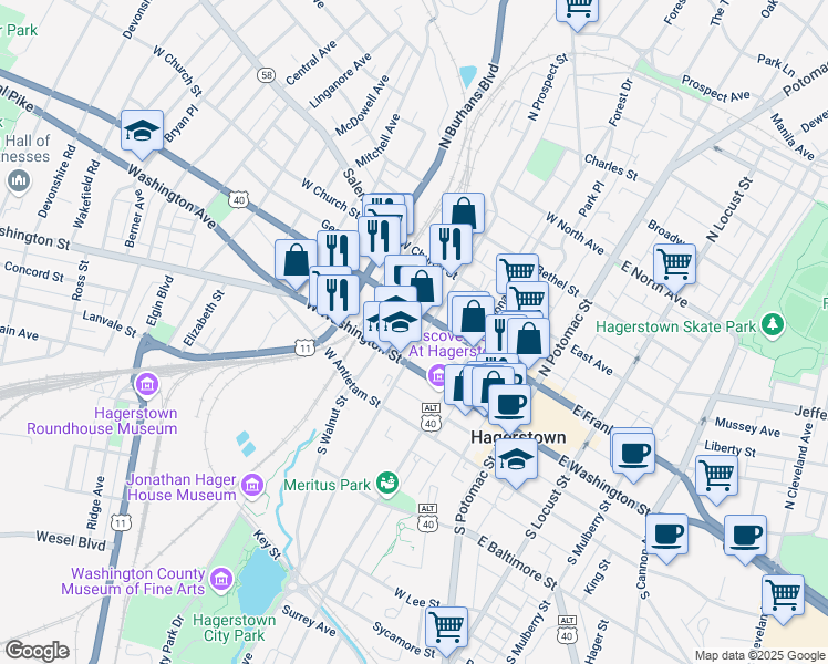 map of restaurants, bars, coffee shops, grocery stores, and more near 24 North Walnut Street in Hagerstown