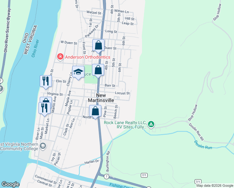 map of restaurants, bars, coffee shops, grocery stores, and more near 361 Locust Street in New Martinsville