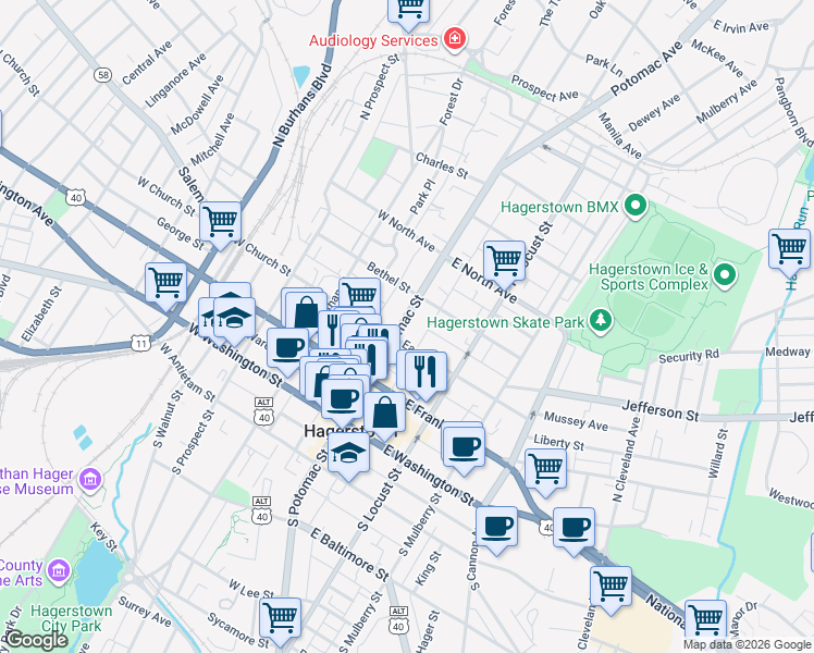 map of restaurants, bars, coffee shops, grocery stores, and more near 216 North Potomac Street in Hagerstown