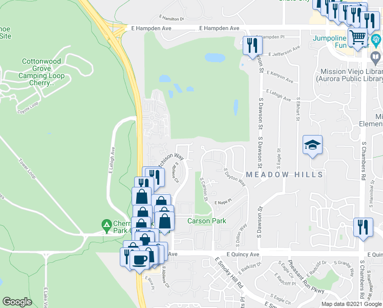 map of restaurants, bars, coffee shops, grocery stores, and more near 4018 South Atchison Way in Aurora