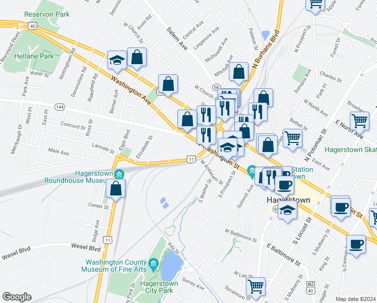 map of restaurants, bars, coffee shops, grocery stores, and more near 423 West Antietam Street in Hagerstown