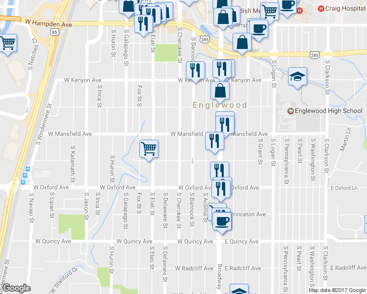 map of restaurants, bars, coffee shops, grocery stores, and more near 3946 South Cherokee Street in Englewood