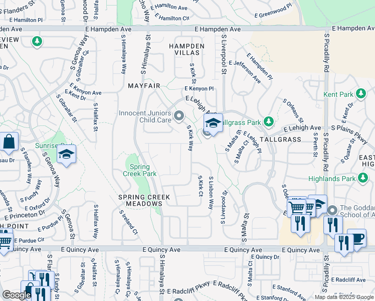map of restaurants, bars, coffee shops, grocery stores, and more near 3935 South Kirk Way in Aurora