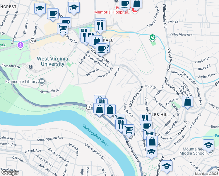 map of restaurants, bars, coffee shops, grocery stores, and more near 337 8th Street in Morgantown