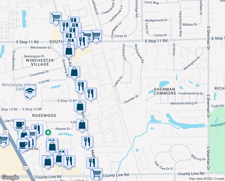 map of restaurants, bars, coffee shops, grocery stores, and more near 8394 Punto Alto Drive in Indianapolis