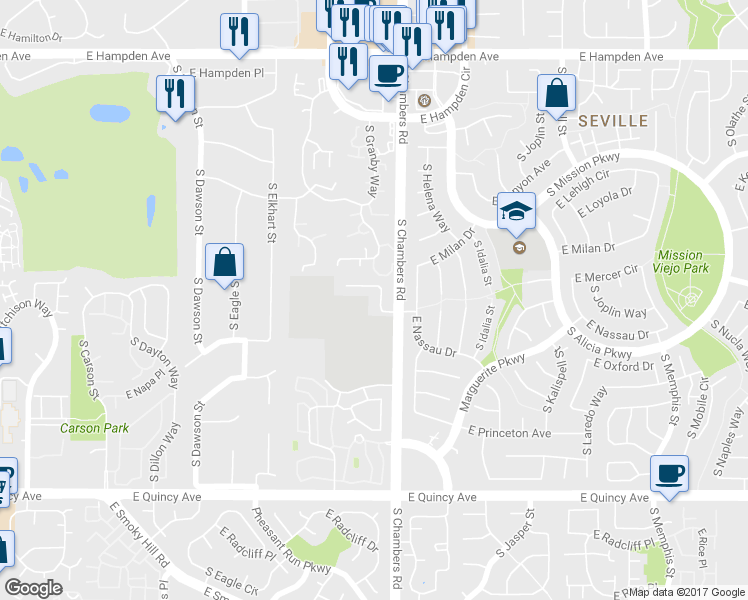 map of restaurants, bars, coffee shops, grocery stores, and more near 15260 East Nassau Avenue in Aurora