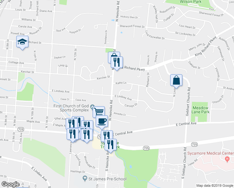 map of restaurants, bars, coffee shops, grocery stores, and more near 1509 East Lindsey Avenue in Miamisburg