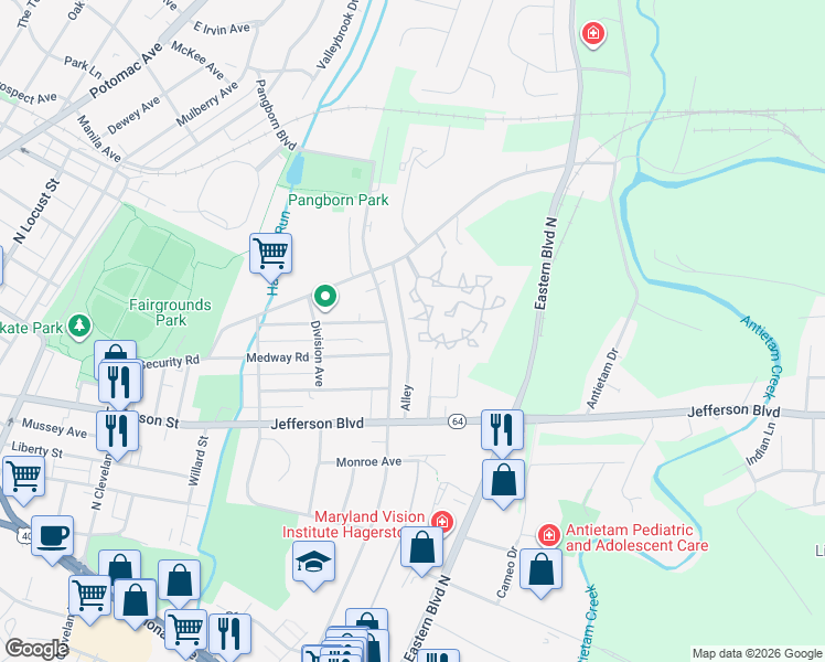 map of restaurants, bars, coffee shops, grocery stores, and more near 101 Sunbrook Lane in Hagerstown