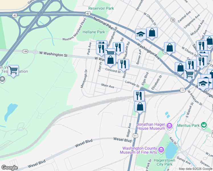 map of restaurants, bars, coffee shops, grocery stores, and more near 1000 Main Avenue in Hagerstown