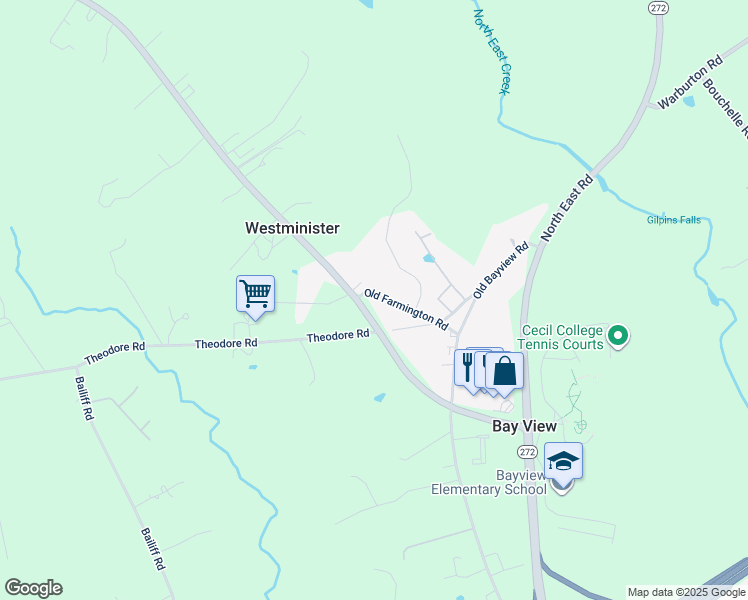 map of restaurants, bars, coffee shops, grocery stores, and more near 235 Old Farmington Road in North East