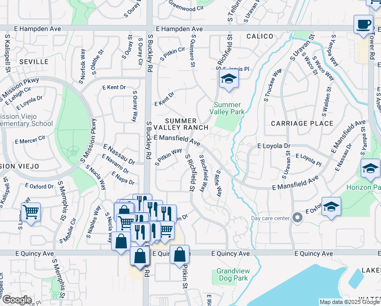 map of restaurants, bars, coffee shops, grocery stores, and more near 3945 South Richfield Way in Aurora
