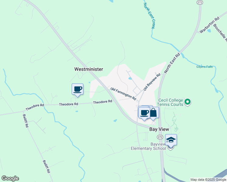map of restaurants, bars, coffee shops, grocery stores, and more near 235 Old Farmington Road in North East