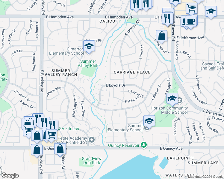 map of restaurants, bars, coffee shops, grocery stores, and more near 3845 South Truckee Way in Aurora